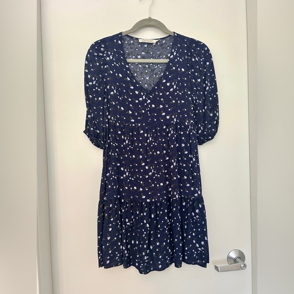 Propaganda Floral Ditsy Tiered Babydoll Mini Dress Puff Sleeve Navy S XXS